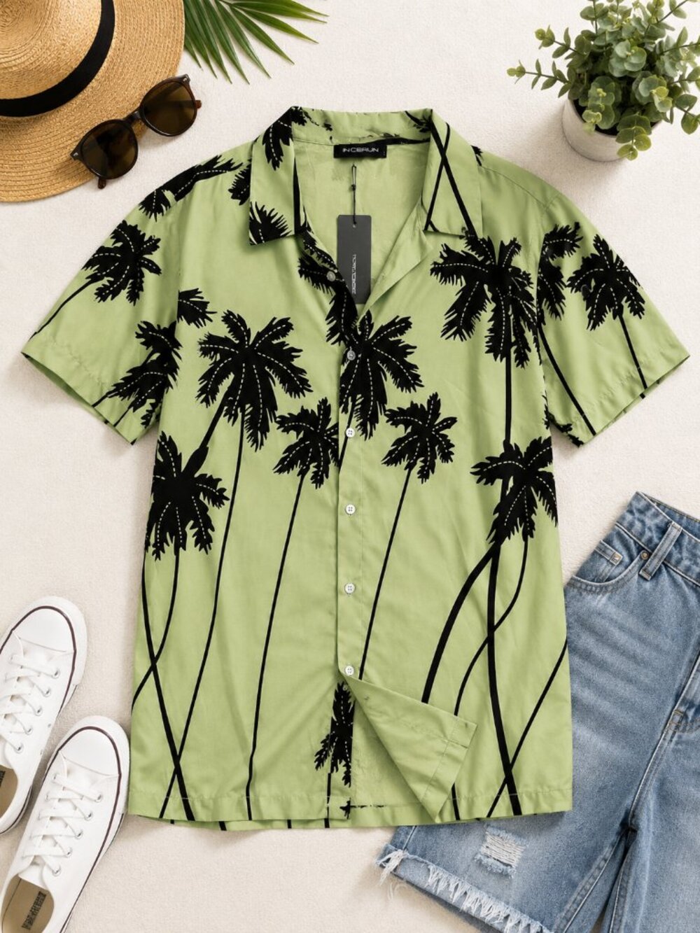 INCERUN Palm Print Button Up Shirt Men's Medium Tropical Camp Collar NWT
